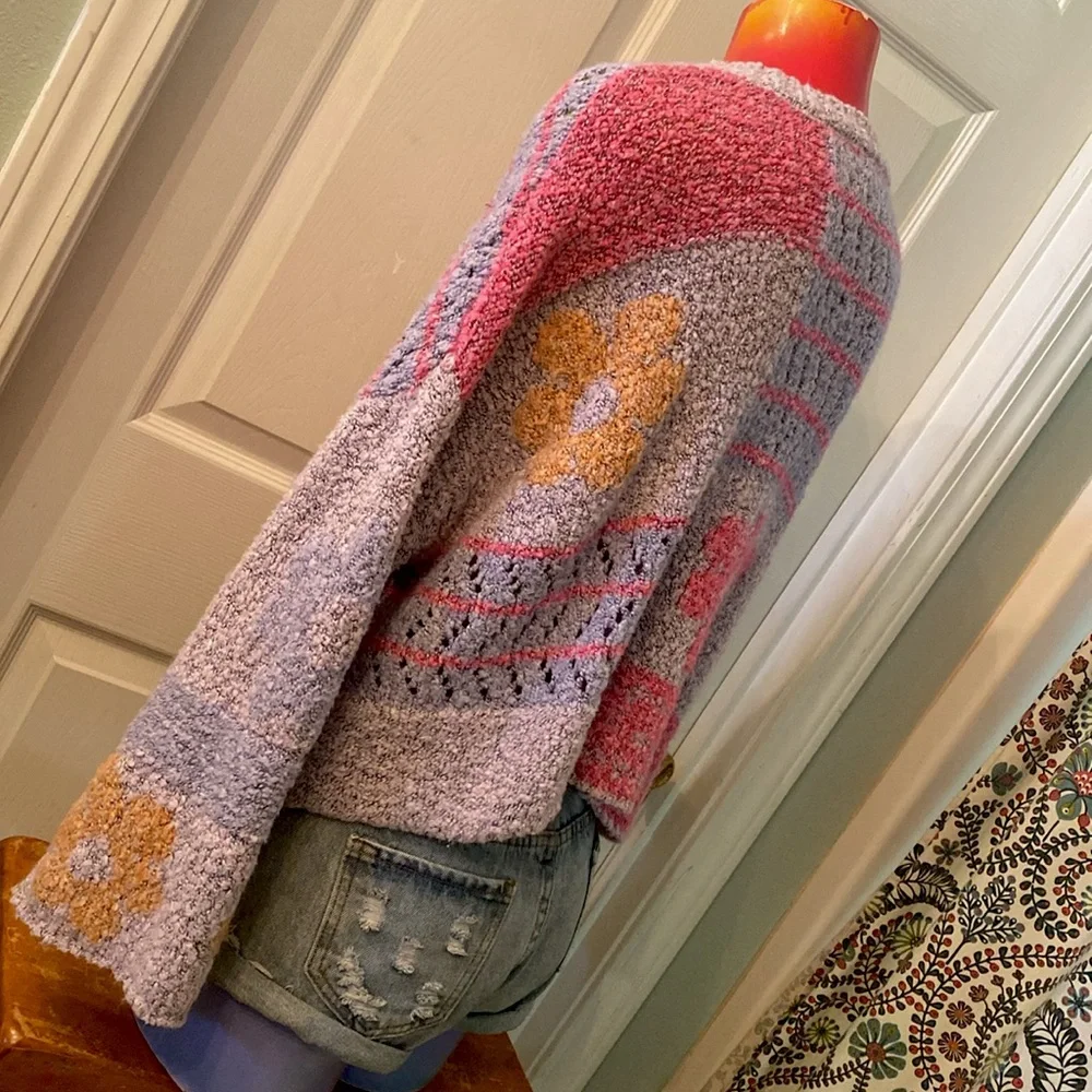 Moon & Madison Artistic Floral Kawaii Cute Purple, Pink, & Orange Sweater - Picture 7 of 14